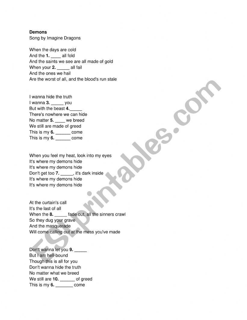 Song_ Demons by Imagine Dragons [Fill in the lyrics exercise]